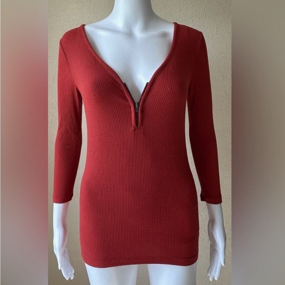 Express Burnt Orange 3/4 Ribbed Top with Zipper